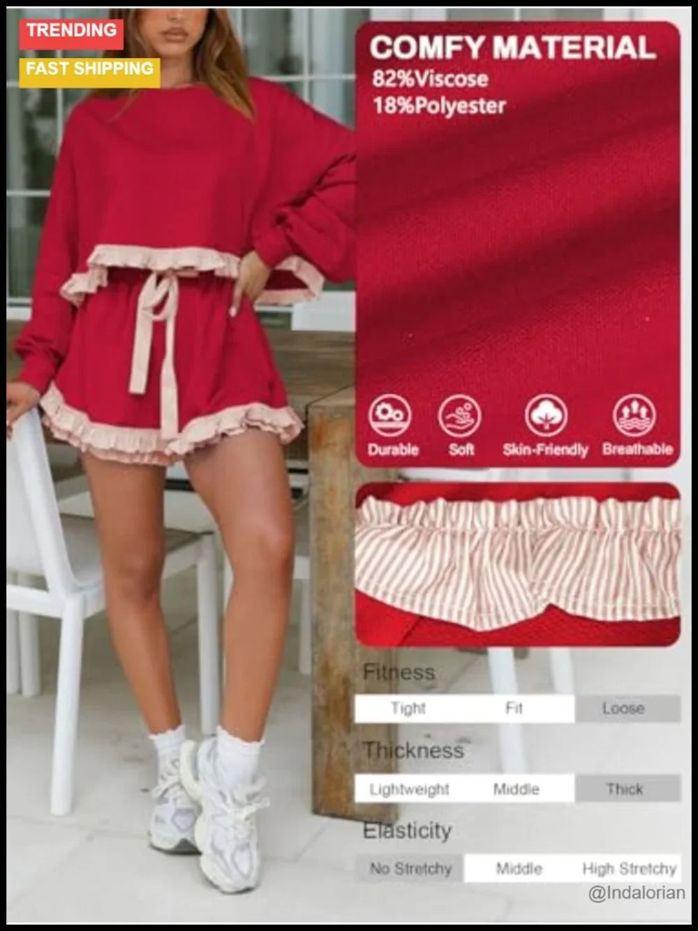 Women's 2 Piece Lounge Set Cropped Sweatshirt Ruffle Shorts Matching Outfit